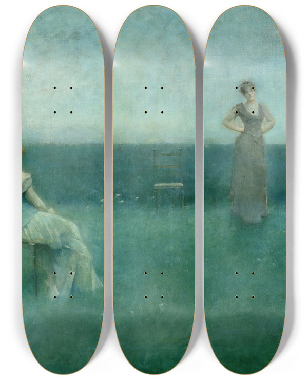 Triptych art skateboard deck of Thomas Wilmer Dewing The Recitation by Thomas Wilmer Dewing (1851-1938)