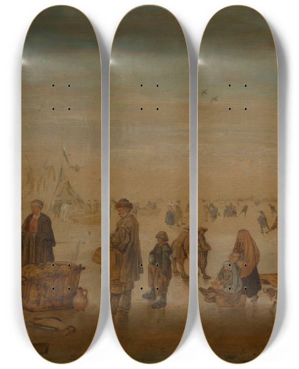 Triptych art skateboard deck of Arent Arentsz Ice Fun On A Frozen River by Arent Arentsz.