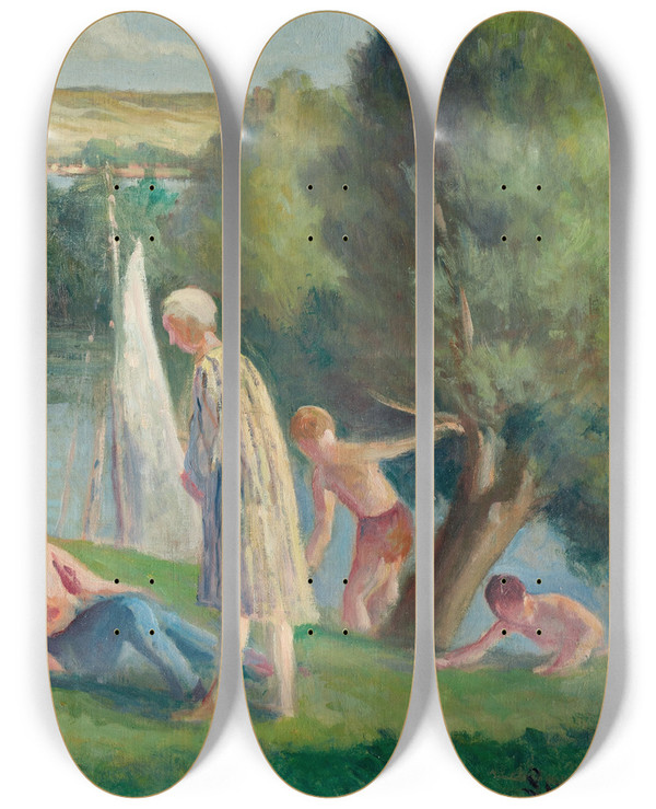 Triptych art skateboard deck of Maximilien Luce Mricourt Un Dimanche Au Bord De La Seine by Maximilien Luce (1858-1941)