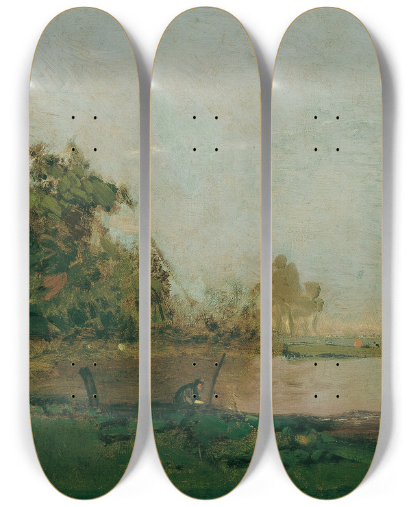 Triptych art skateboard deck of Eugen Jettel Flusslandschaft Mit Boot by Eugen Jettel (1845-1901)