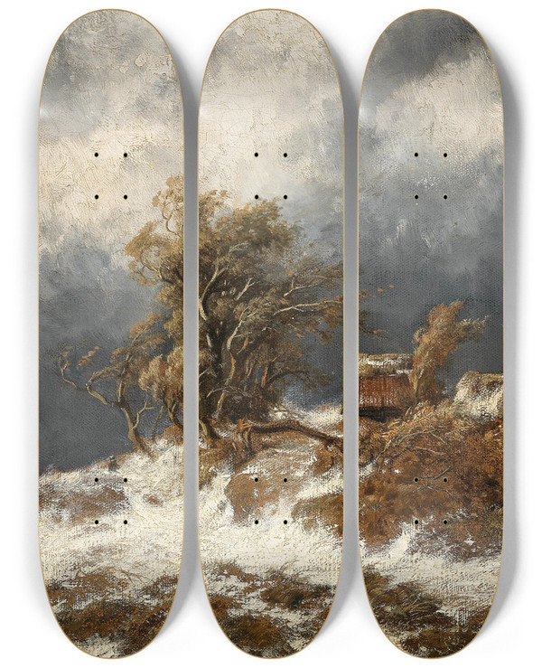 Triptych art skateboard deck of Remigius Adrianus Van Haanen Returning Home In A Winter Landscape_2 by Remigius Adrianus Van Haanen (1812-1894)