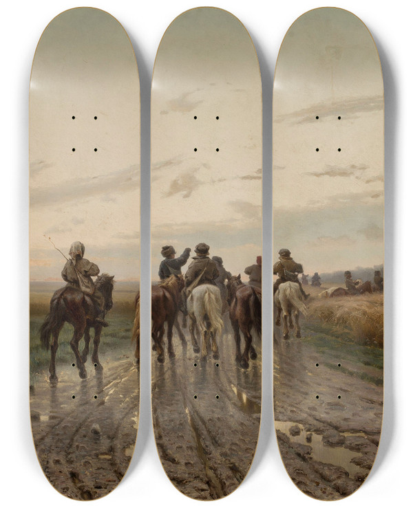 Triptych art skateboard deck of Yefim Yefimovich Volkov On The Way To Pasture by Yefim Yefimovich Volkov (1844-1920)