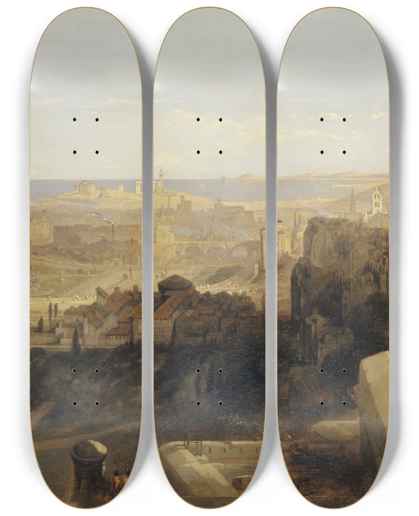 Triptych art skateboard deck of David Roberts Edinburgh From The Castle by David Roberts (1796-1864)