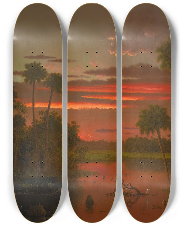 Triptych art skateboard deck of Martin Johnson Heade The Great Florida Sunset by Martin Johnson Heade (1819-1904)