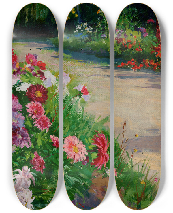 Triptych art skateboard deck of Ambroy Sabatowski Asters by Ambrozy Sabatowski (1871-1920)