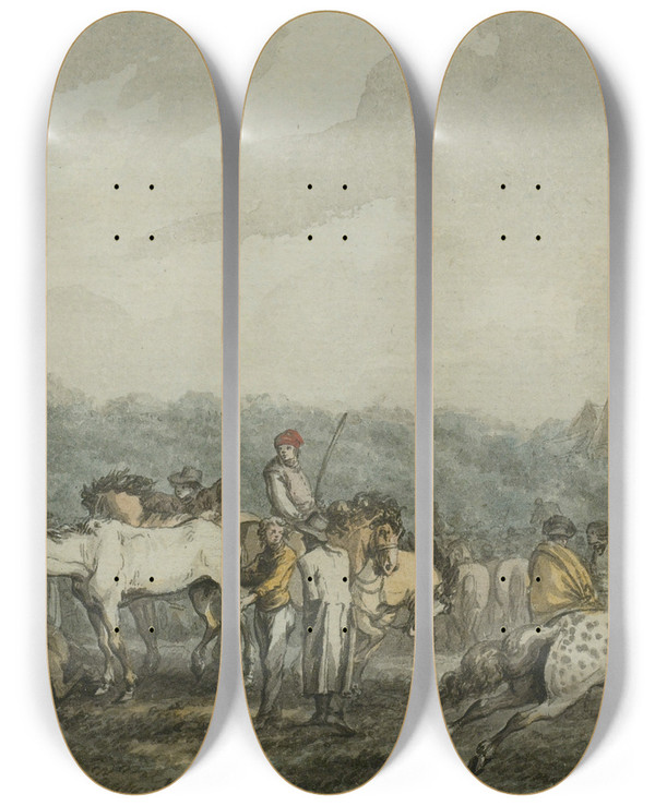 Triptych art skateboard deck of Jacquesfranoisjoseph Swebach The Horse Fair by Jacques-Franois-Joseph Swebach (1769-1823)
