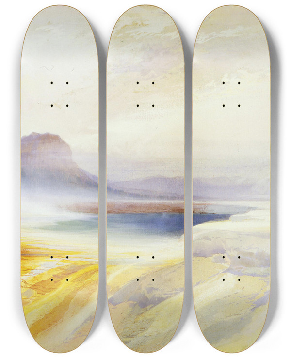 Triptych art skateboard deck of Thomas Moran Great Blue Spring Of The Lower Geyser Basin Firehole River Yellowstone by Thomas Moran (1837-1926)