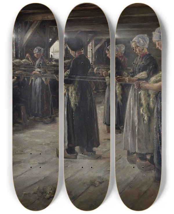 Triptych art skateboard deck of Max Liebermann The Flax Barn At Laren by Max Liebermann (1847-1935)