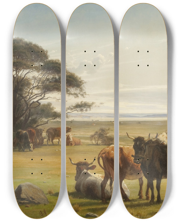 Triptych art skateboard deck of Otto Haslund Cows In A Meadow by Otto Haslund (1842-1917)