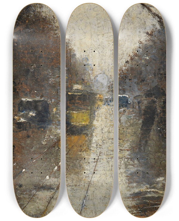 Triptych art skateboard deck of Lesser Ury Straenszene Bei Regen Berlin by Lesser Ury (1861-1931)