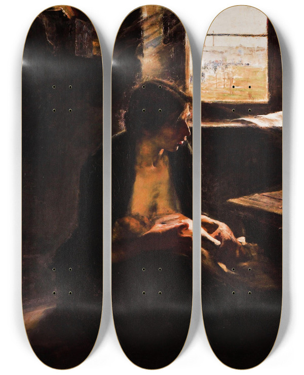 Triptych art skateboard deck of Ernesto De La Crcova Sin Pan Y Sin Trabajo_1 by Ernesto de la Crcova (1866-1927)