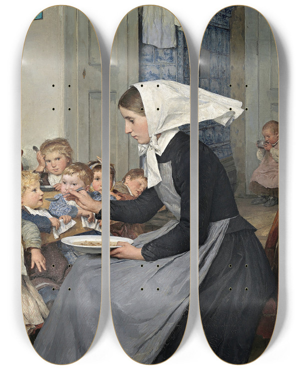 Triptych art skateboard deck of Albert Anker Die Kinderkrippe I by Albert Anker (1831-1910)