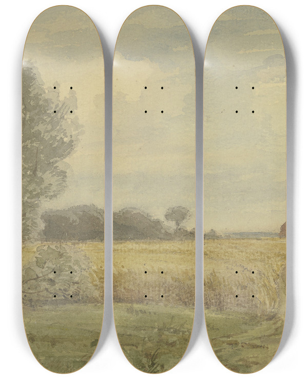 Triptych art skateboard deck of Peter Burnitz Cornfield In The Summer by Peter Burnitz (1824-1886)