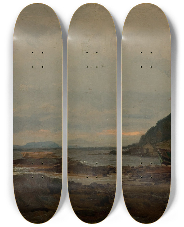 Triptych art skateboard deck of Amaldus Nielsen Regnstemning Bmmelen by Amaldus Nielsen (1838-1932)