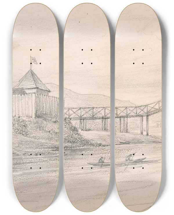 Triptych art skateboard deck of William Swainson Fort Richmond And Hutt Bridge by William Swainson (1789-1855)