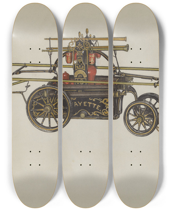 Triptych art skateboard deck of Betty Fuerst Model Of A Fire Engine by Betty Fuerst