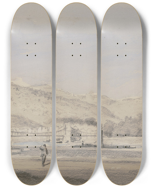 Triptych art skateboard deck of Friedrich Eugen Peipers Tetschen An Der Elbe by Friedrich Eugen Peipers (1805-1885)