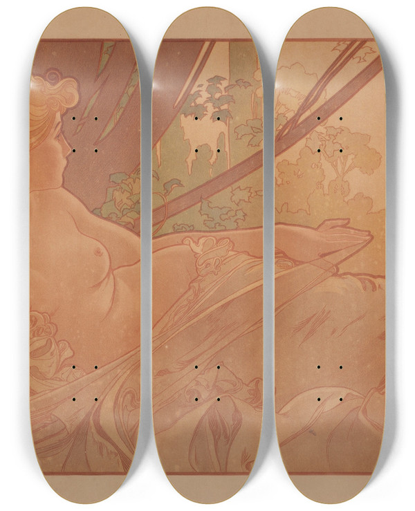 Triptych art skateboard deck of Alphonse Mucha Dusk by Alphonse Mucha (1860-1939)