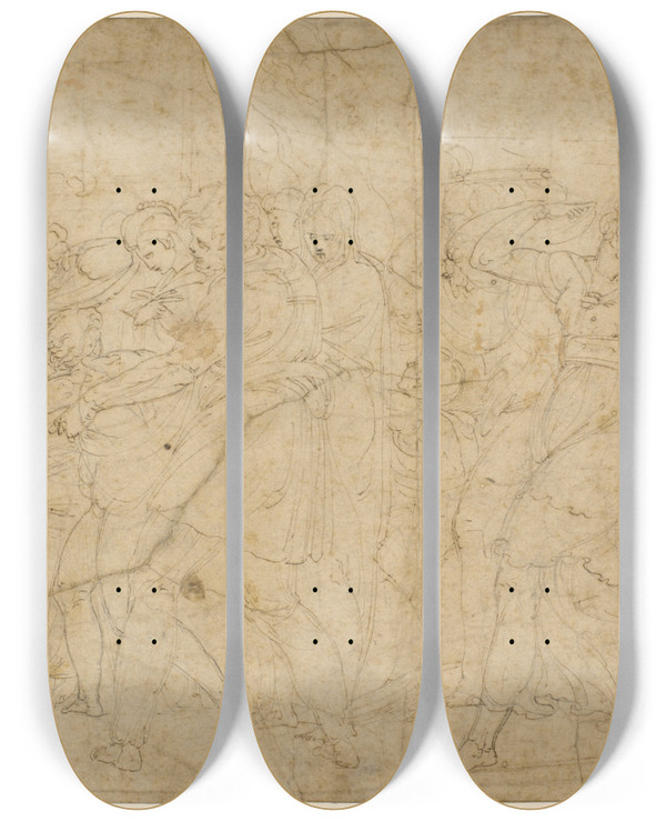 Triptych art skateboard deck of Battista Franco En Bacchisk Procession by Battista Franco (1510-1561)