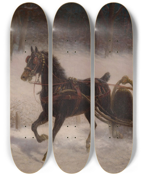 Triptych art skateboard deck of Jan Van Chelminski A Sleigh Ride by Jan Van Chelminski (1851-1925)
