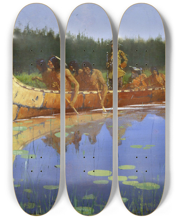 Triptych art skateboard deck of Frederic Remington Radisson And Groseilliers by Frederic Remington (1861-1909)