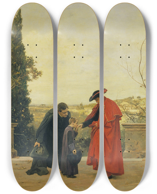 Triptych art skateboard deck of Ferdinand Heilbuth The Cardinal by Ferdinand Heilbuth (1826-1889)