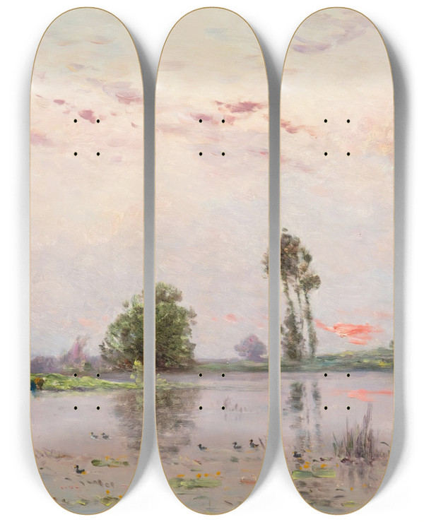 Triptych art skateboard deck of Hippolyte Camille Delpy The Pond At Dusk by Hippolyte Camille Delpy (1842-1910)