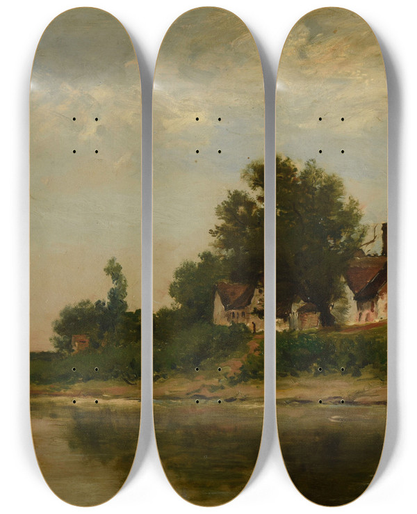 Triptych art skateboard deck of Karl Daubigny Bords De Rivire by Karl Daubigny (1846-1886)