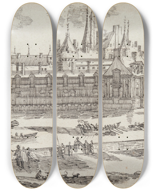 Triptych art skateboard deck of Jean Chaufourier Castle On A River by Jean Chaufourier (1679-1757)