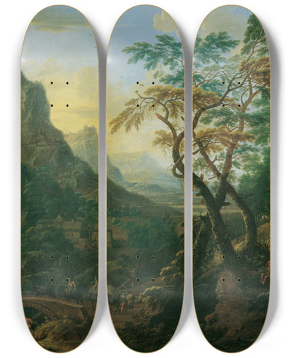Triptych art skateboard deck of Josef Orient Gebirgslandschaft by Josef Orient (1677-1745)