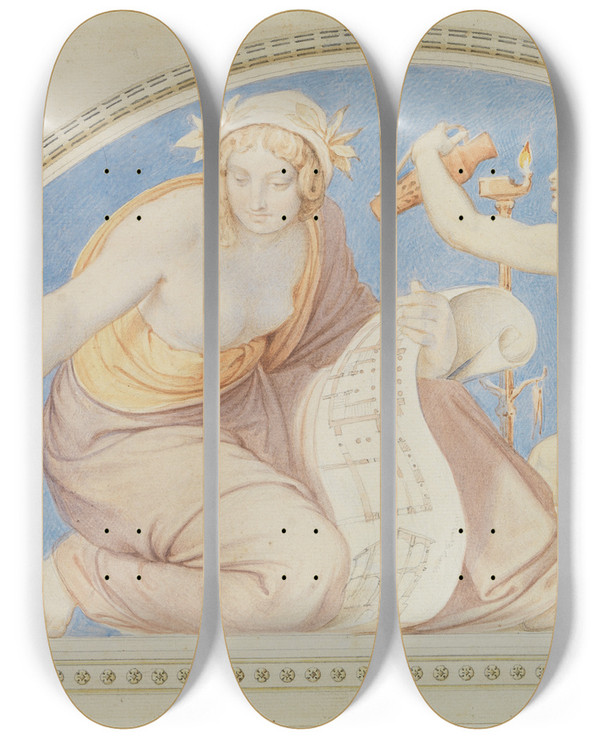 Triptych art skateboard deck of Moritz Von Schwind Allegorie Der Mathematik_1 by Moritz Von Schwind (1804-1871)