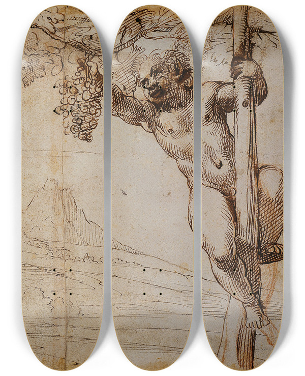 Triptych art skateboard deck of Annibale Carracci Two Young Satyrs Picking Grapes by Annibale Carracci (1560-1609)