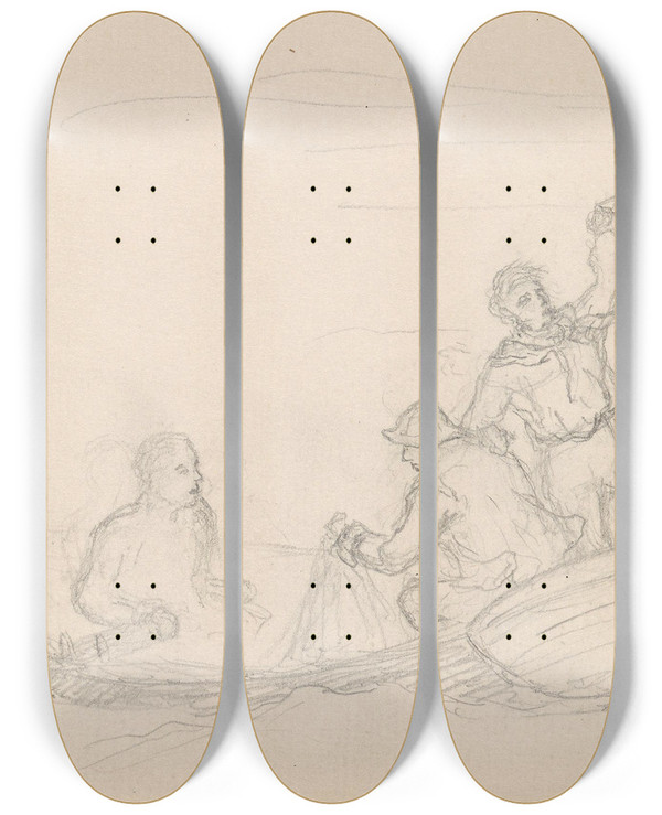 Triptych art skateboard deck of Hans Gude Figures In Boat by Hans Gude (1825-1903)