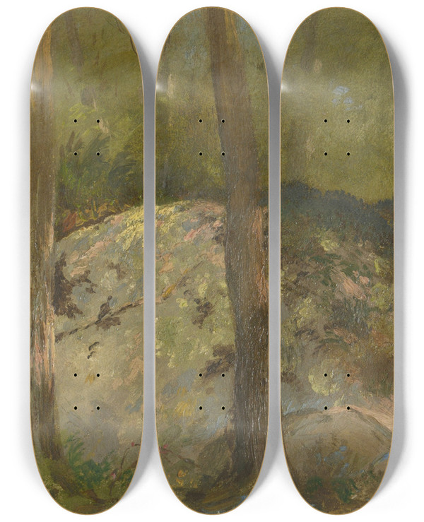 Triptych art skateboard deck of John Ferguson Weir Forestscene_1 by John Ferguson Weir (1841-1926)