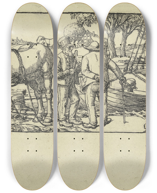 Triptych art skateboard deck of Fritz Boehle Freighter On The Main by Fritz Boehle (1873-1916)