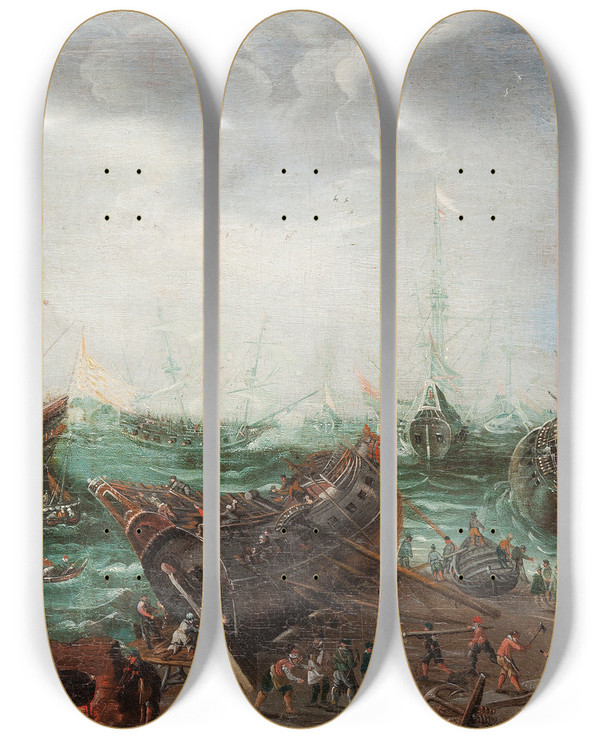 Triptych art skateboard deck of Adam Willaerts Harbour Scene by Adam Willaerts (1577-1664)