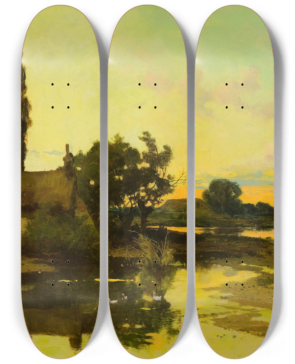 Triptych art skateboard deck of John Horace Hooper Cottage Near Pond by John Horace Hooper (1851-1906)