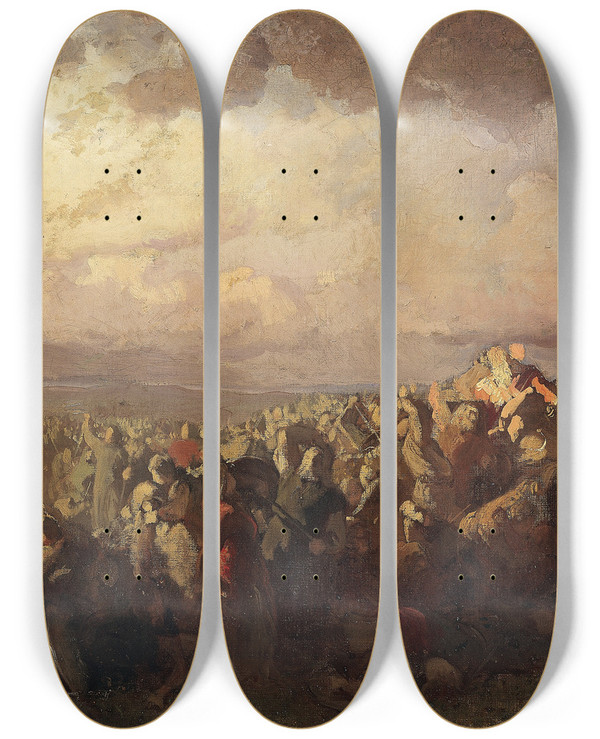 Triptych art skateboard deck of August Malmstrm The Battle Of Brvalla Study by August Malmstrom (1829-1901)
