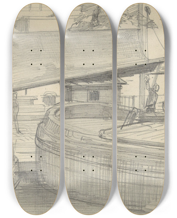 Triptych art skateboard deck of August Alleb Schuiten In Een Sluis by August Allebe (1838-1927)