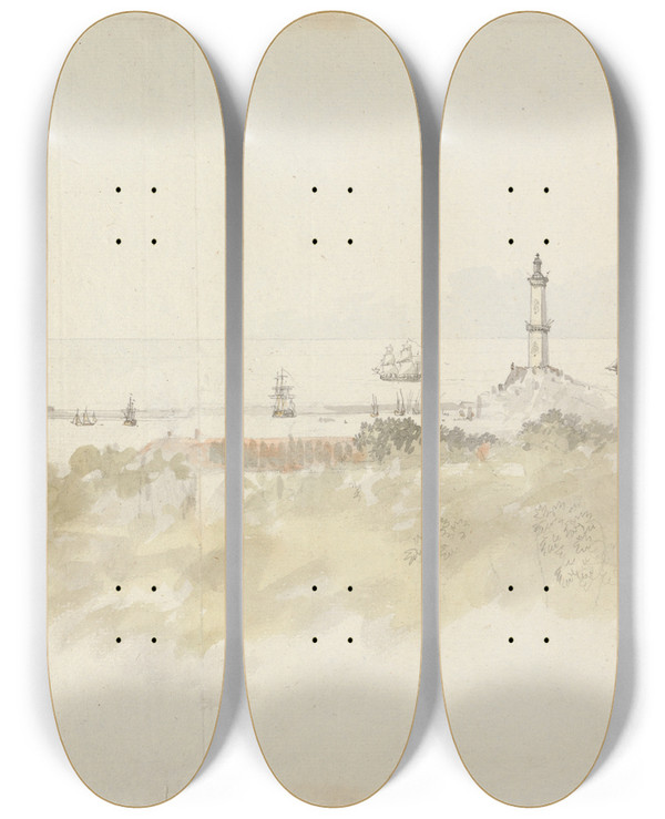Triptych art skateboard deck of Charles Gore Genoa A Seascape With Shipping by Charles Gore (1729-1807)