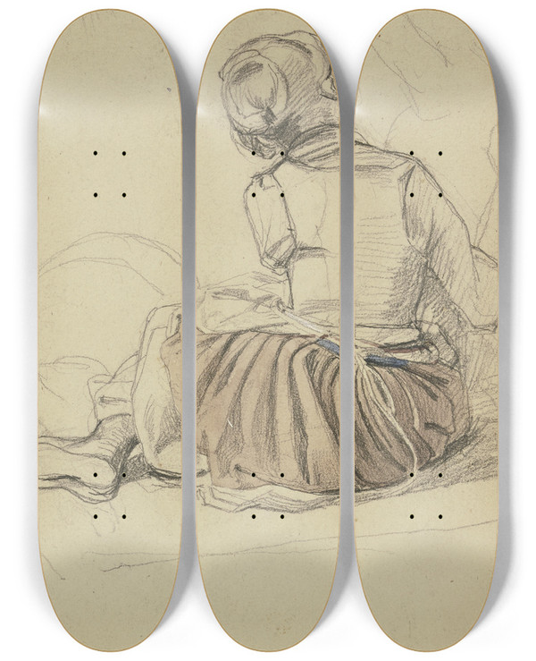 Triptych art skateboard deck of Jakob Becker Zwei Auf Dem Boden Sitzende Mdchen Das Rechte Ein Kleinkind Sttzend by Jakob Becker (1810-1872)