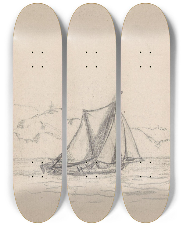 Triptych art skateboard deck of Hans Gude Bter Vrengen by Hans Gude (1825-1903)
