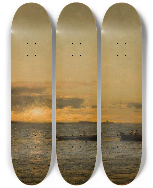 Triptych art skateboard deck of Amaldus Nielsen Ved Solnedgang by Amaldus Nielsen (1838-1932)