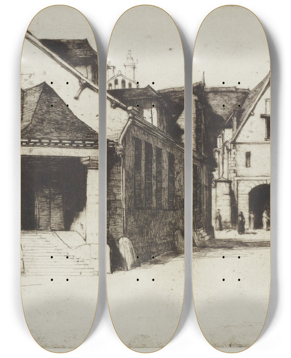 Triptych art skateboard deck of David Young Cameron The Old Museum Beauvais by David Young Cameron (1865-1945)