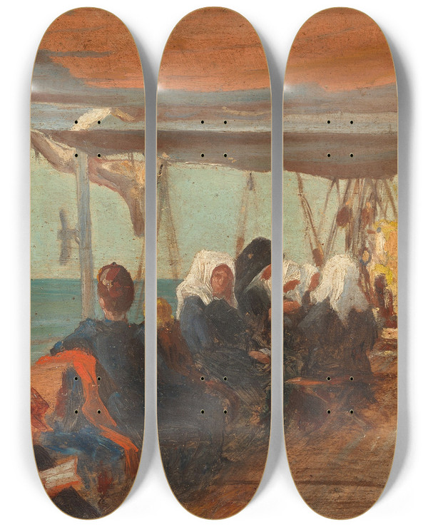 Triptych art skateboard deck of Theodoros Ralli On Shipboard by Theodoros Ralli (1852-1909)