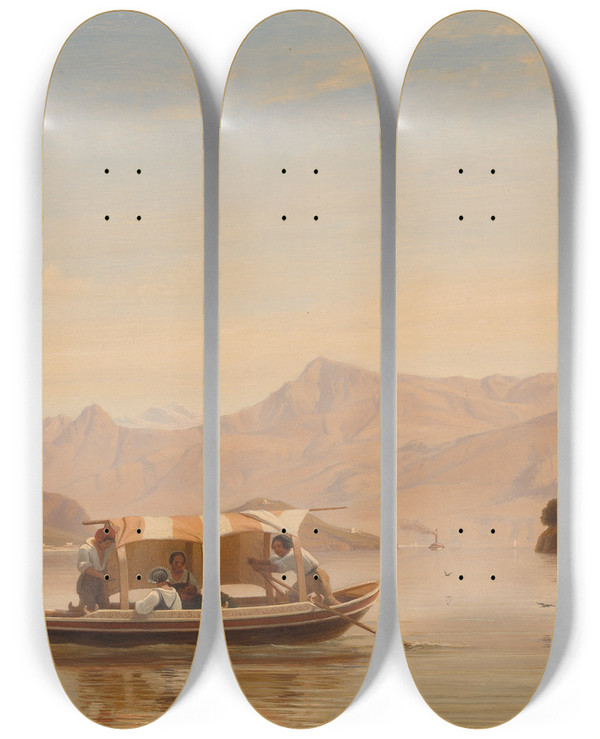 Triptych art skateboard deck of Pierre Louis Dubourcq Lake Como by Pierre Louis Dubourcq (1815-1873)