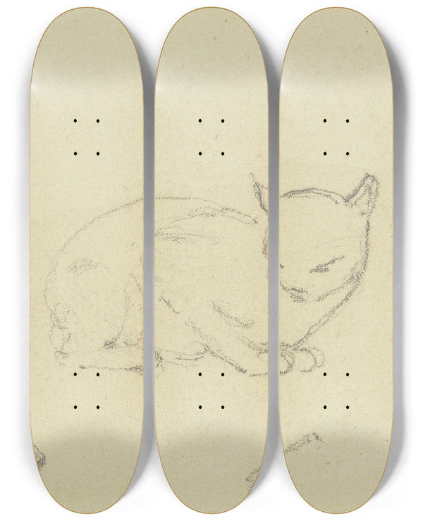 Triptych art skateboard deck of Jakob Becker Study Sheet Cats by Jakob Becker (1810-1872)