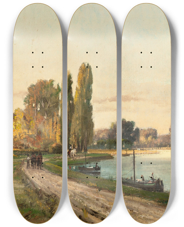 Triptych art skateboard deck of Charles Edouard Du Bois Path Along The Shore by Charles Edouard Du Bois (1847-1885)
