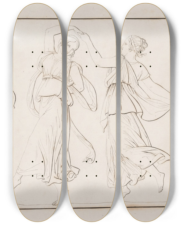 Triptych art skateboard deck of Edvard Sonne Fremstilling Med Dansende Kvinder_1 by Edvard Sonne