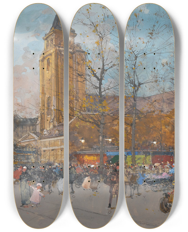 Triptych art skateboard deck of Eugne Galienlaloue Saintgermaindesprs Paris by Eugene Galien Laloue (1854-1941)